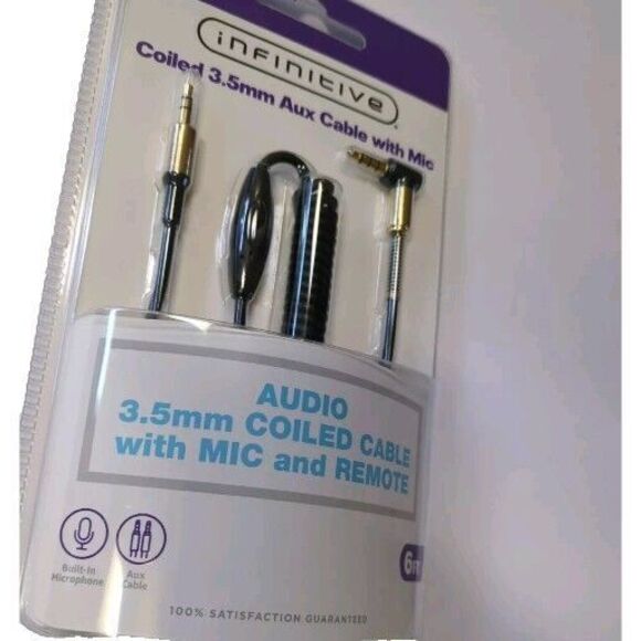 New Infinitive Coiled 3.5 mm Aux Cable with Mic and Remote New 6ft.  Sealed NIP - Picture 2 of 5